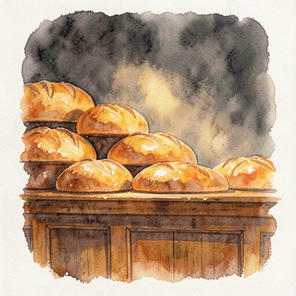 Watercolour still life of a bakery counter with loaves of bread stacked in warm amber light against a charcoal-toned wall, cozy and inviting mood