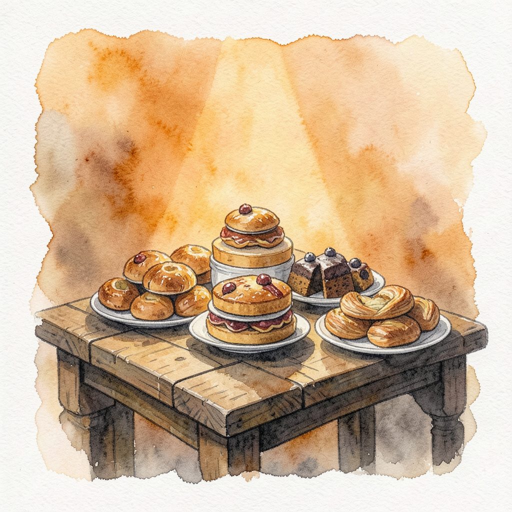 Soft watercolour illustration of a rustic wooden catering table with stacked pastries and small cakes, warm amber and charcoal tones, cozy atmosphere