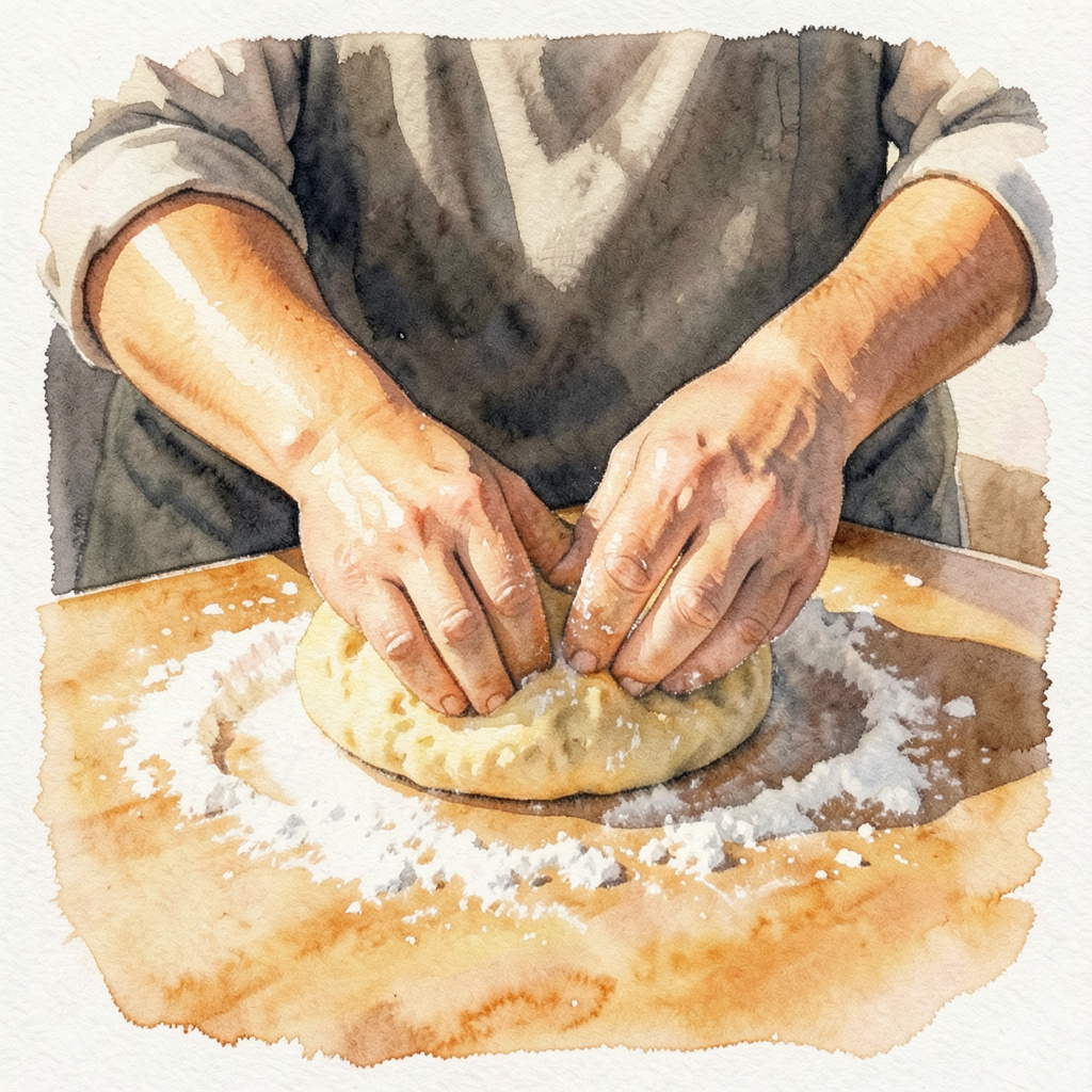 Watercolour scene of hands kneading dough on a flour-dusted table, warm amber light and soft charcoal shadows, calm handmade mood